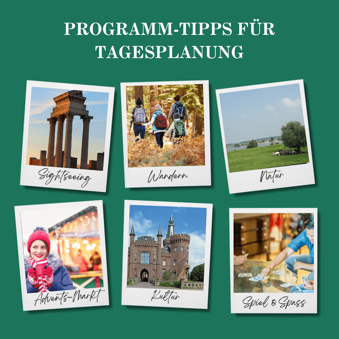 Aktivitäten Eine Grafik die alle möglichen Tagesplanungen zeigt wie Sightseeing, Wandern, die Natur, Adventsmärkte, Kultur und Gesellschaftsspiele