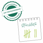 vertrauensbasis-strichliste Ein Stempelabrduck mit dem Schriftzug "Auf Vertrauensbasis" und ein Zettel mit der Überschrift "Strichzettel" darunter sind die Striche eingetragen worden.