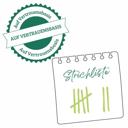 Ein Stempelabrduck mit dem Schriftzug "Auf Vertrauensbasis" und ein Zettel mit der Überschrift "Strichzettel" darunter sind die Striche eingetragen worden.